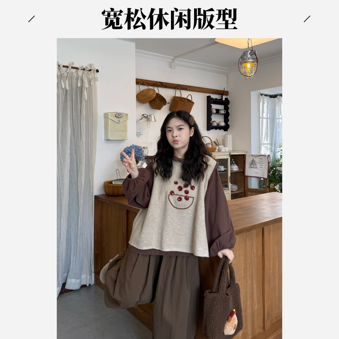学院风套装花边圆领衬衫+针织马甲+小众新款清冷系禅意衣服女秋冬