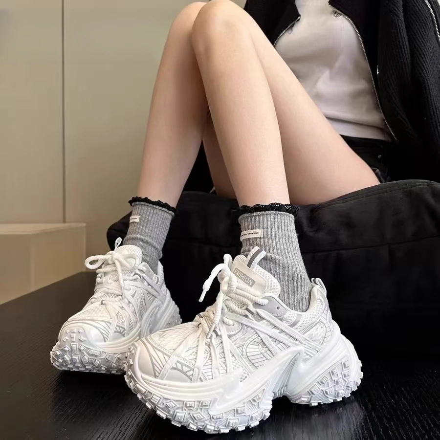百搭小众ins欧货厚底增高轮胎鞋女百搭老爹鞋白色绑带运动休闲鞋
