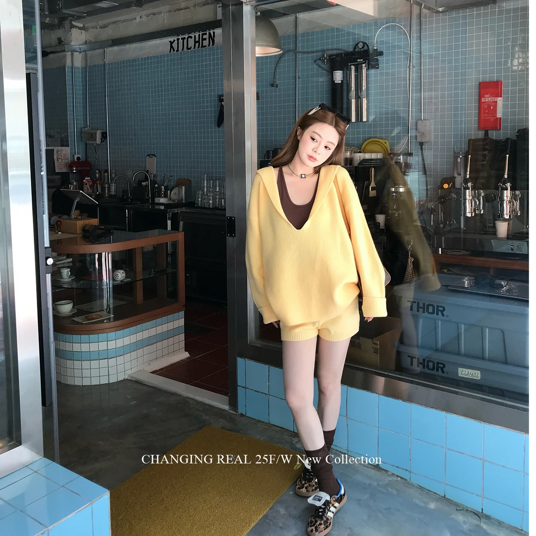 慵懒风套装宽松V领长袖针织衫女无袖背心2025新款秋季显瘦短裤潮