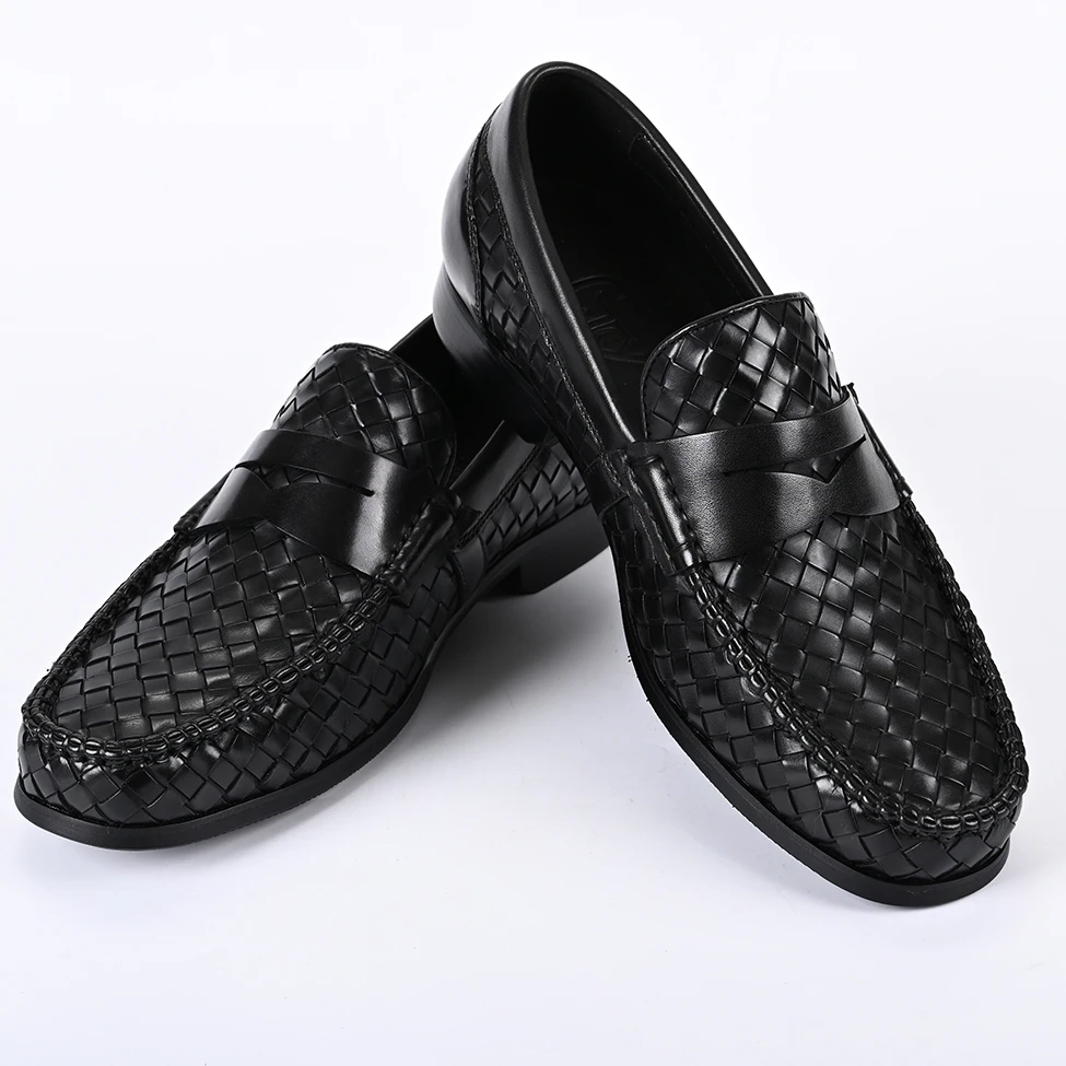 韩版低帮男士休闲皮鞋手工编织软皮透气真皮一脚蹬乐福鞋2025新款