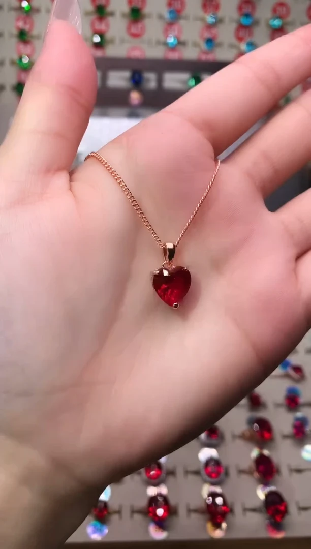 吊坠(赠链)银S925镶嵌红宝石心10*10 玫瑰金托