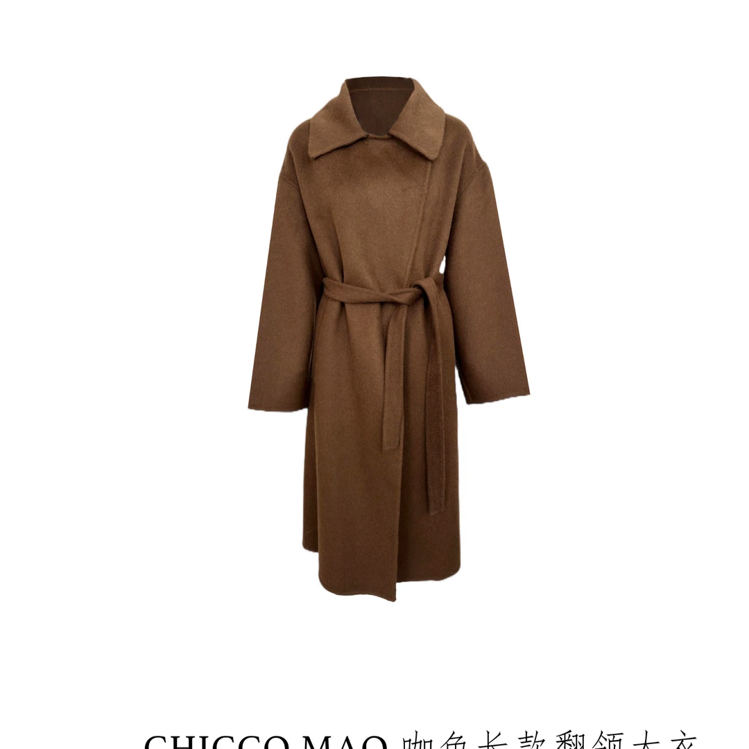 CHICCOMAO咖色长款翻领大衣M1251427D