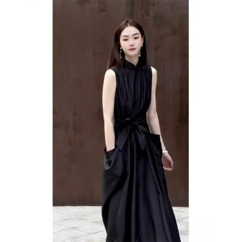 新中式国风黑色连衣裙2025夏季新款复古时尚修身显瘦高腰气质长裙