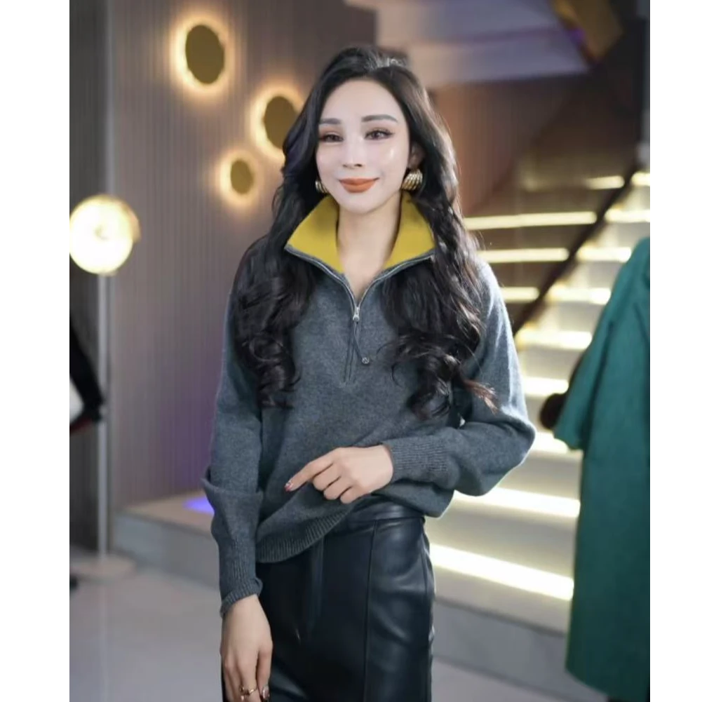 冬季加厚时尚百搭细羊毛拉链立领撞色女士套头毛衫毛衣5y96g30