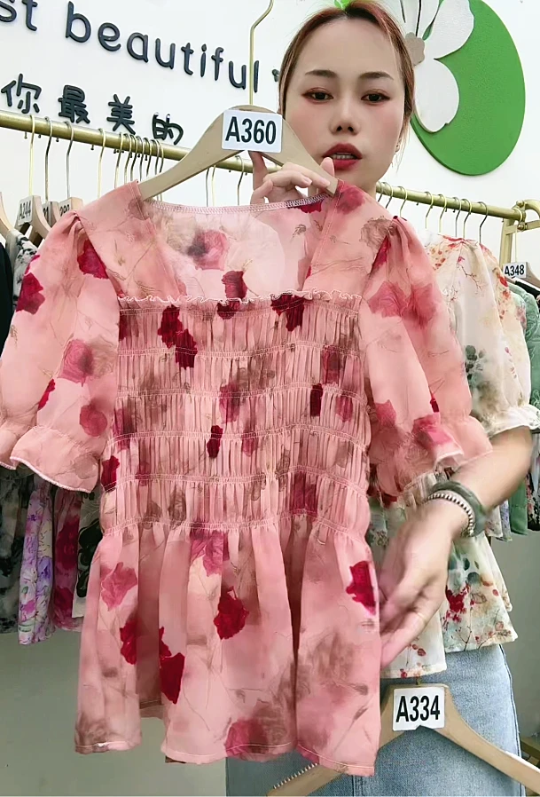 夏季新款雪纺短袖衬衫女甜美显瘦收腰法式小衫荷叶边方领碎花上衣