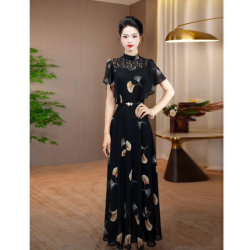 黑色连衣裙女2025夏季新款修身显瘦印花裙子大摆气质洋气减龄长裙
