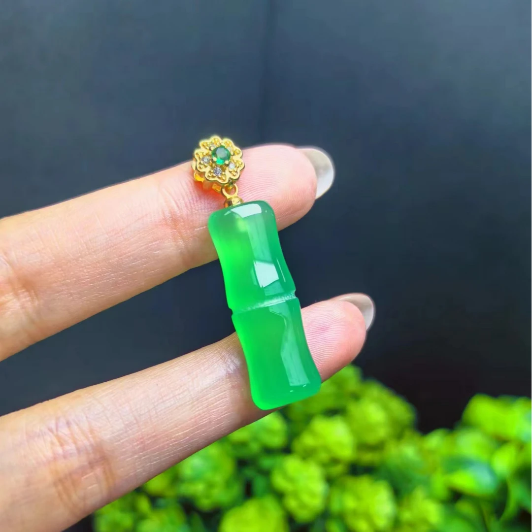 ST1613【福嘟嘟珠宝】冰翠芙蓉玉玛瑙绿竹节吊坠-配绳-送礼佳品