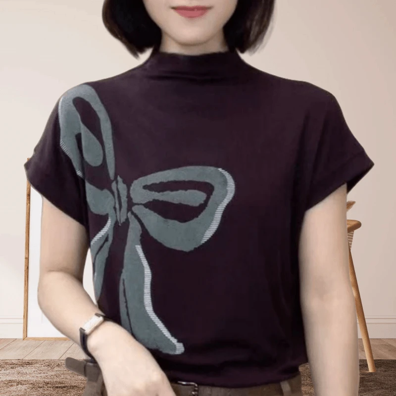 夏季时尚洋气新款短袖上衣女装打底设计蝴蝶结百搭显瘦半高领小衫