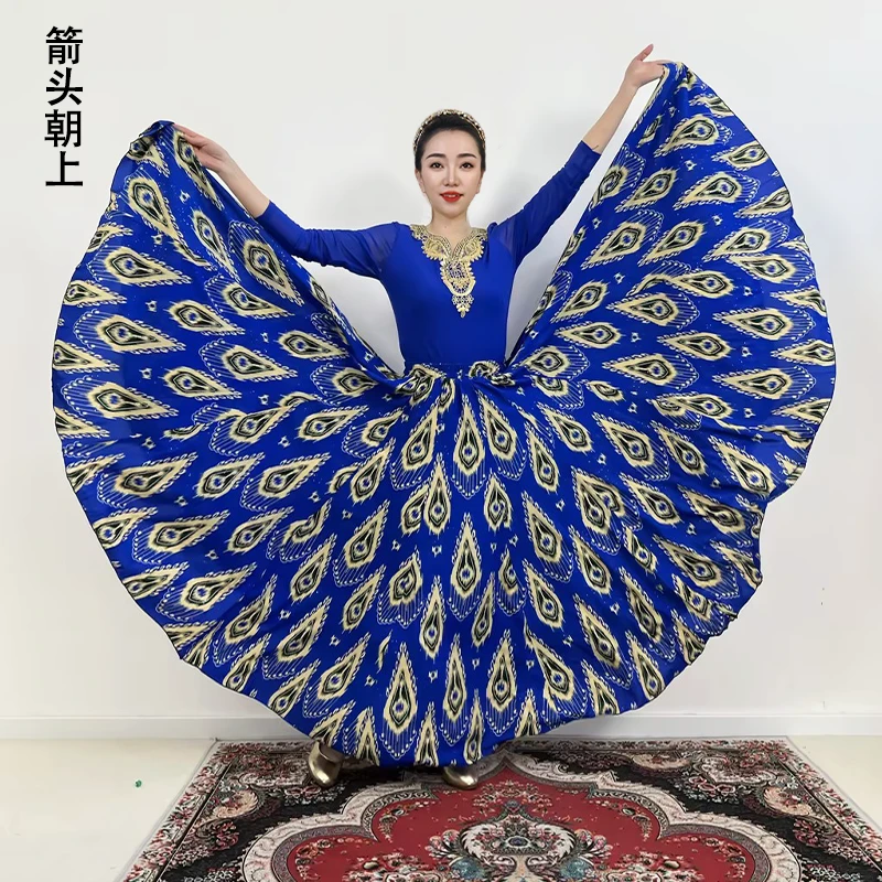 艾德莱斯绉花丝蓝底黄羽满铺花时尚百搭全松紧腰大摆半身裙带衬裙