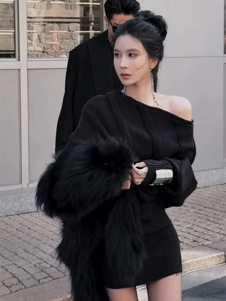 气质显瘦长袖针织连衣裙冬季新款宽松内搭慵懒风中长款毛衣短裙女