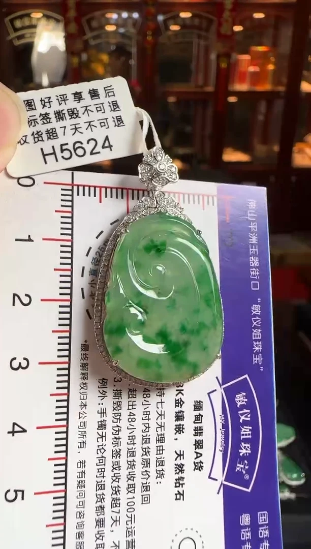 颈饰18K金镶嵌翡翠H5624冰绿如意