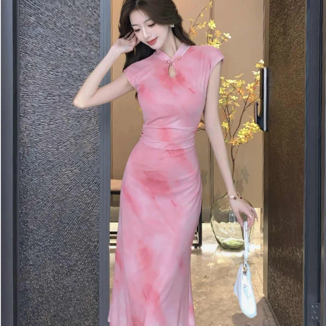 新中式改良旗袍日常可穿夏季女装粉色气质名媛修身显瘦长款连衣裙