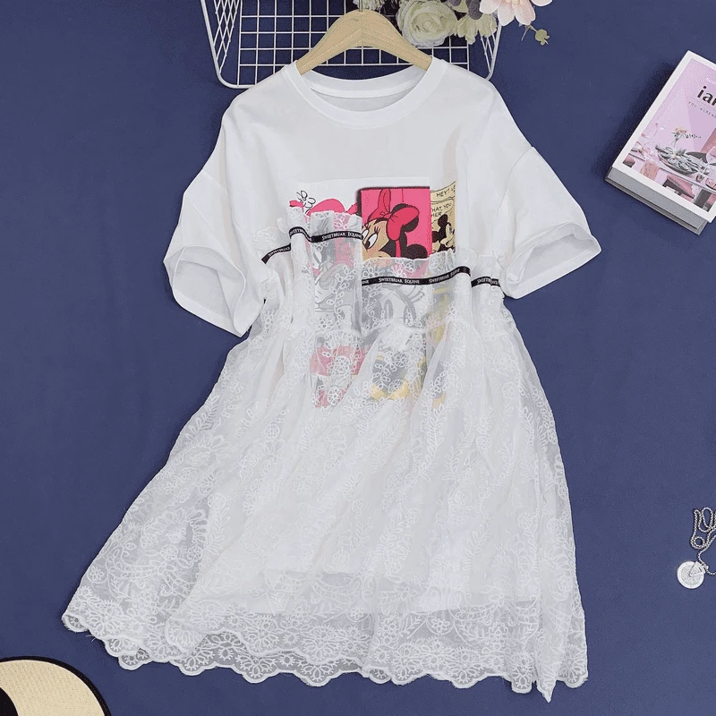 《8913-城堡女孩》 2025新款宽松百搭圆领减龄拼接褶皱印花连衣裙