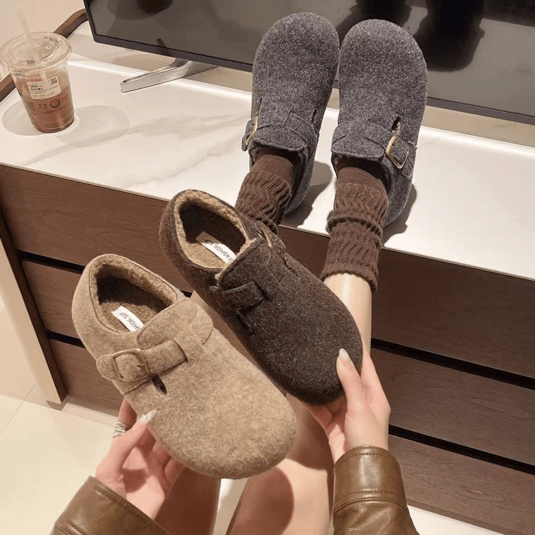 休闲风棉鞋秋冬加绒一脚蹬女鞋棉靴/毛靴潮流风纯色y