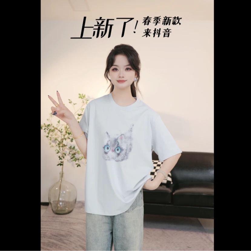 休闲风印花宽松型常规款短袖T恤时尚卡通圆领运动套装