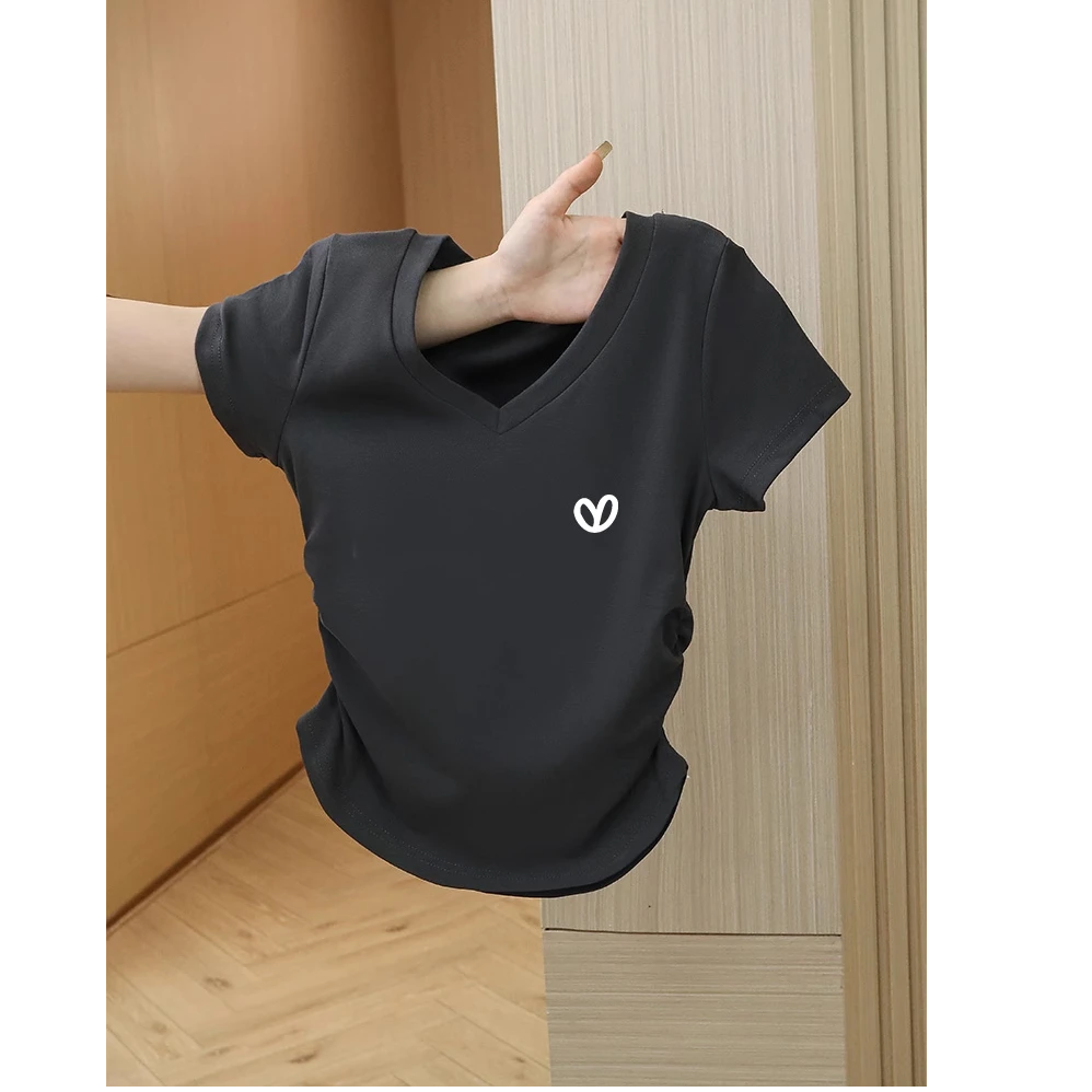 V领正肩纯棉t恤女短袖夏季显瘦设计感抽褶不规则辣妹小个子上衣潮