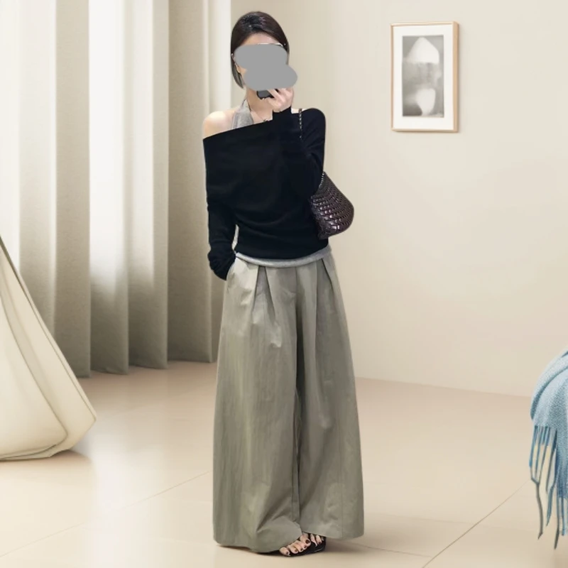 小众设计感假两件长袖T恤高腰休闲阔腿裤女2025春秋新款气质套装