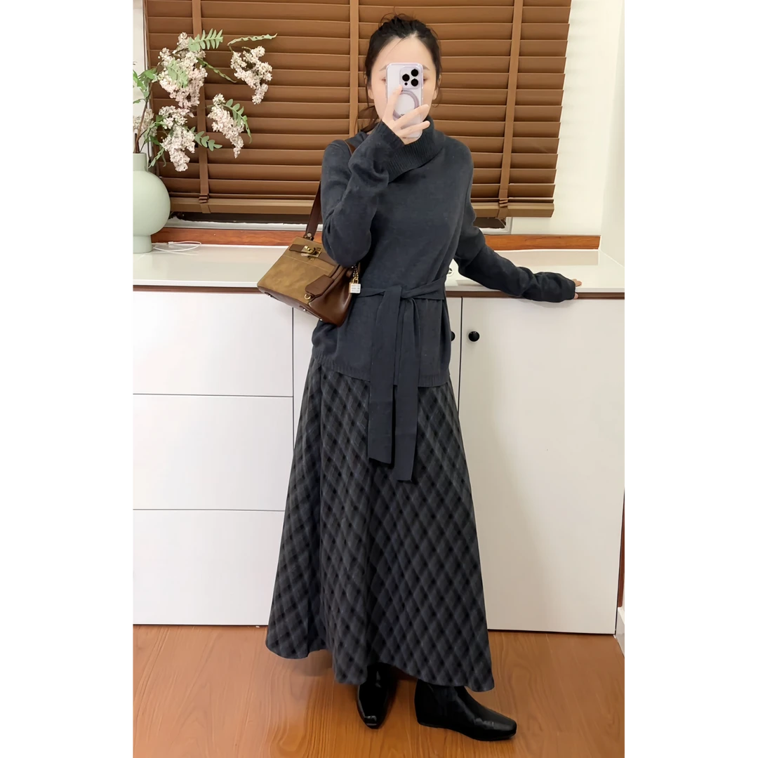 【格子毛衣两件套连衣裙】25197