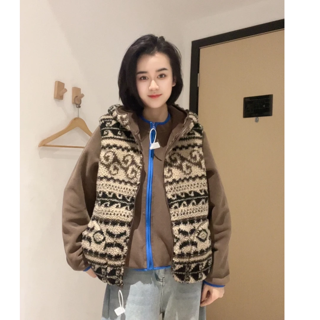 休闲颗粒绒时尚几何花形复古连帽加厚秋冬马甲开衫