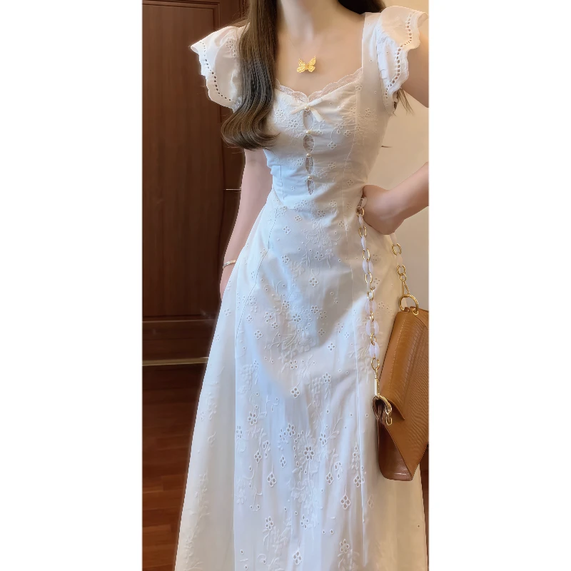 法式白月光蕾丝镂空刺绣方领连衣裙小飞袖收腰小白裙气质长裙9455