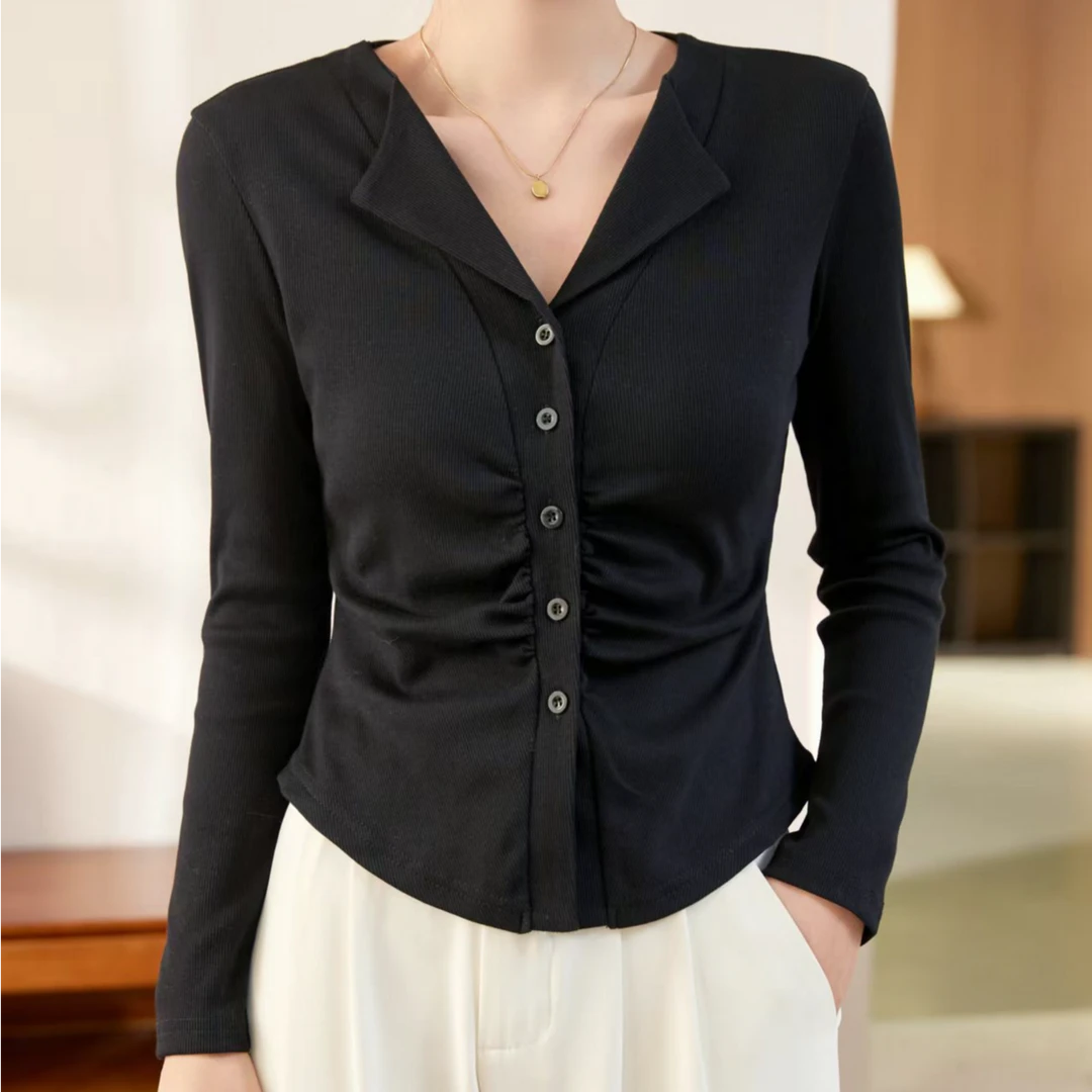 V领长袖气质针织T恤女春秋修身短款打底衫洋气百搭不规则上衣