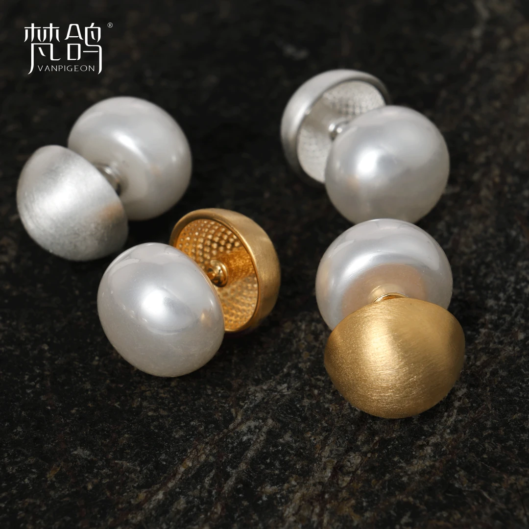 VANPIGEON/梵鸽 黄铜耳饰 前后戴拉丝半球珠珠耳钉高级感轻奢耳环