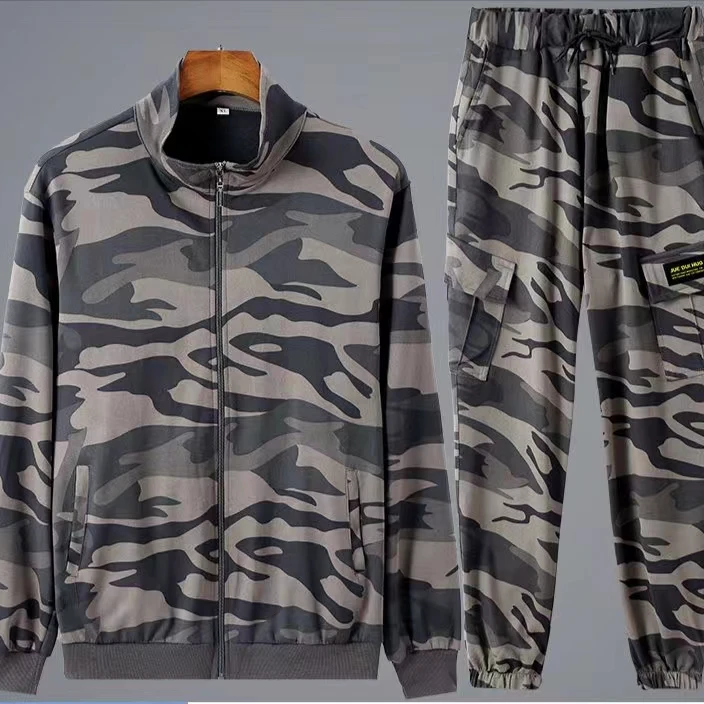 春秋高弹力针织迷彩服套装宽松透气耐磨户外男女运动休闲束脚裤