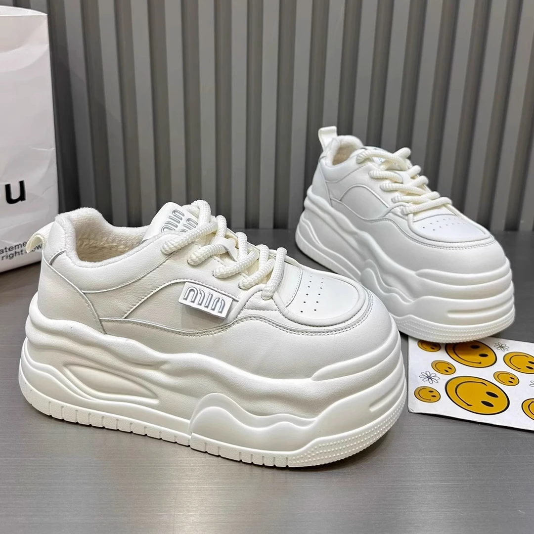 真皮厚底增高小白鞋女2025春季新款爆款百搭单里松糕休闲面包棉鞋