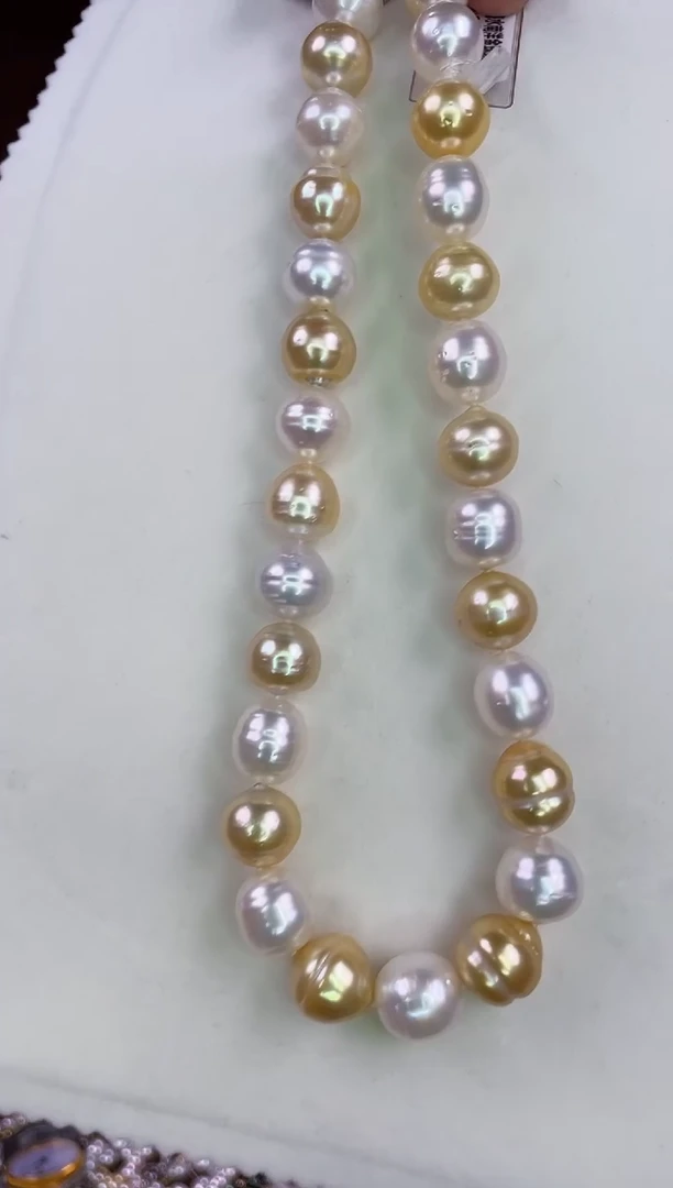 14K金镶嵌项链海水珍珠白金混色12-14mm