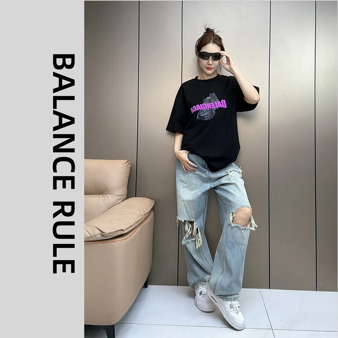 BALANCE RULE 巴家发泡工艺T恤夏季潮流宽松百搭圆领纯棉短袖男女