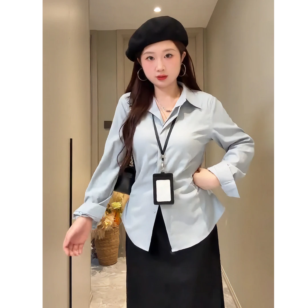大码秋季新款收腰显瘦翻领衬衫女微胖mm韩版洋气时髦蓝色长袖上衣