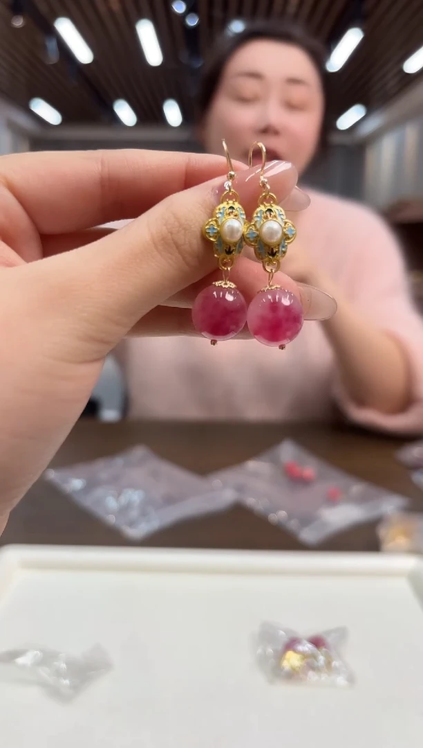 14K金镶嵌耳饰芙蓉石DIY款E890