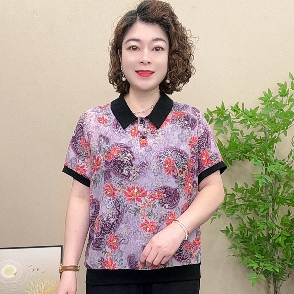短袖夏季薄款妈妈装雪纺衫翻领气质显瘦洋气时尚宽松百搭上衣小衫