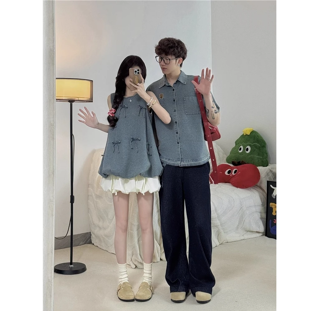 情侣装夏季2025小众设计感牛仔短袖衬衫两件套法式一衣一裙ins潮