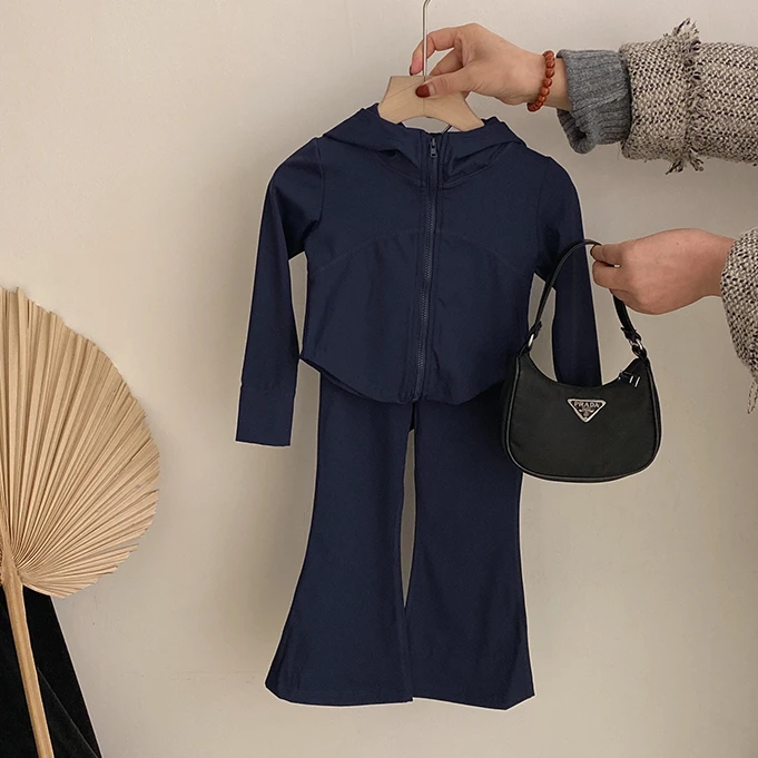 2R25060春季新款韩版女童时尚连帽外套洋气喇叭裤运动潮流套装