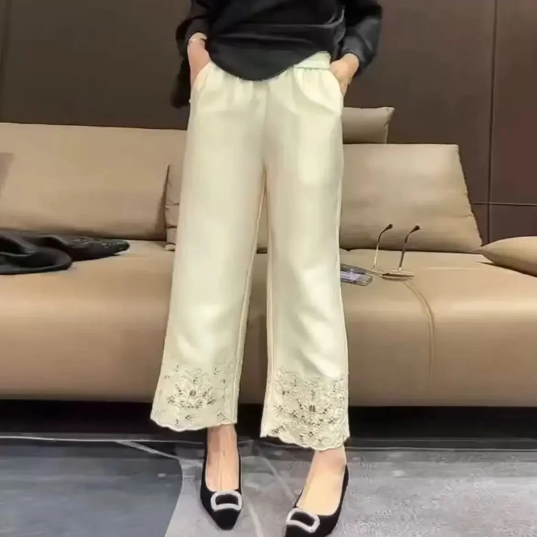 新中式刺绣夏季高腰直筒裤休闲裤法式休闲百搭迷彩风显瘦镂空绣花