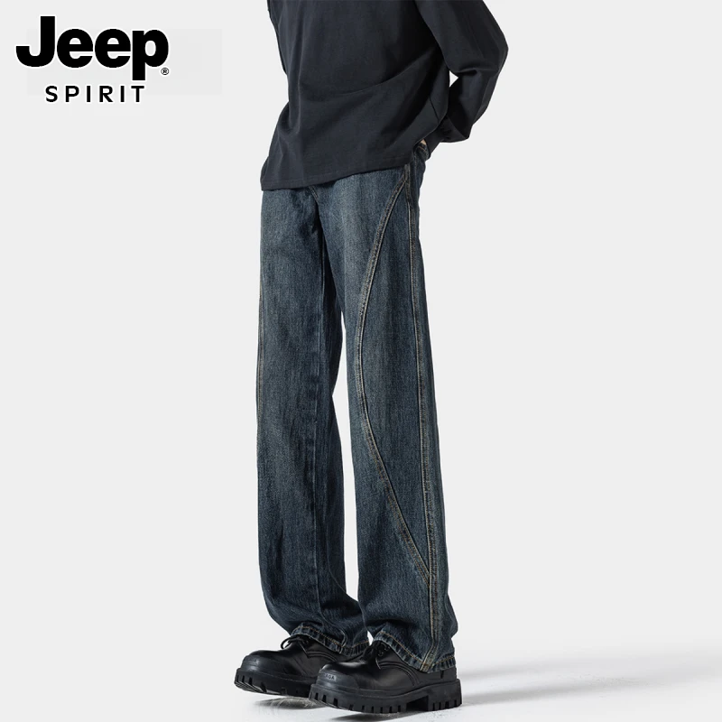 JEEPSPIRIT美式复古拼接牛仔裤男潮流潮牌vibe宽松阔腿裤休闲裤