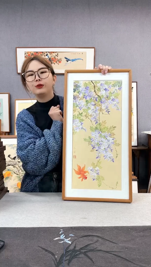 【闪购商品】国画闫冬雪-手绘带框作品-35*68-紫藤