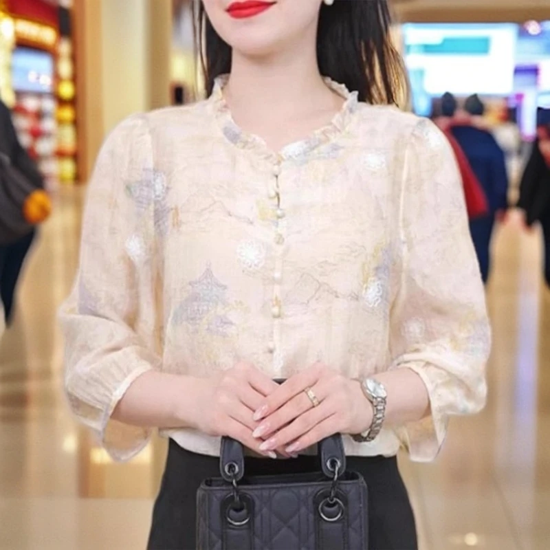 新中式国风设计感七分袖圆领套头薄款夏季女士衬衫