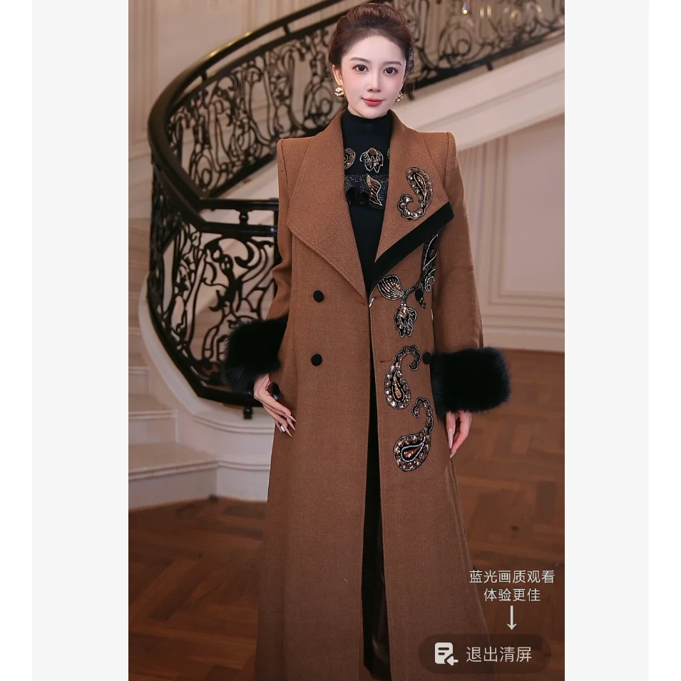 【芙娜妮】2025秋冬刺绣百搭显瘦中长款长袖女装大衣外套FG2531123