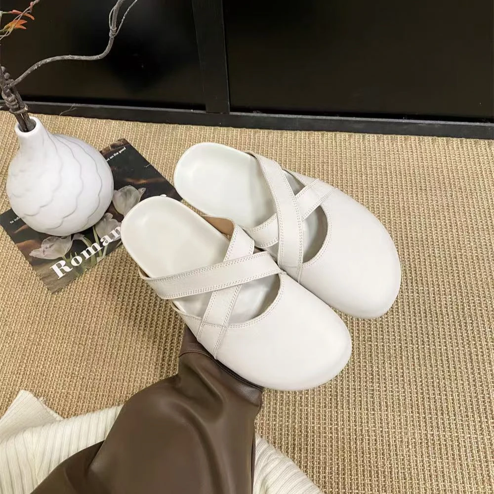 VEEFSHOW 668-2 复古交叉带厚底包头半拖鞋女夏懒人一脚蹬勃肯鞋