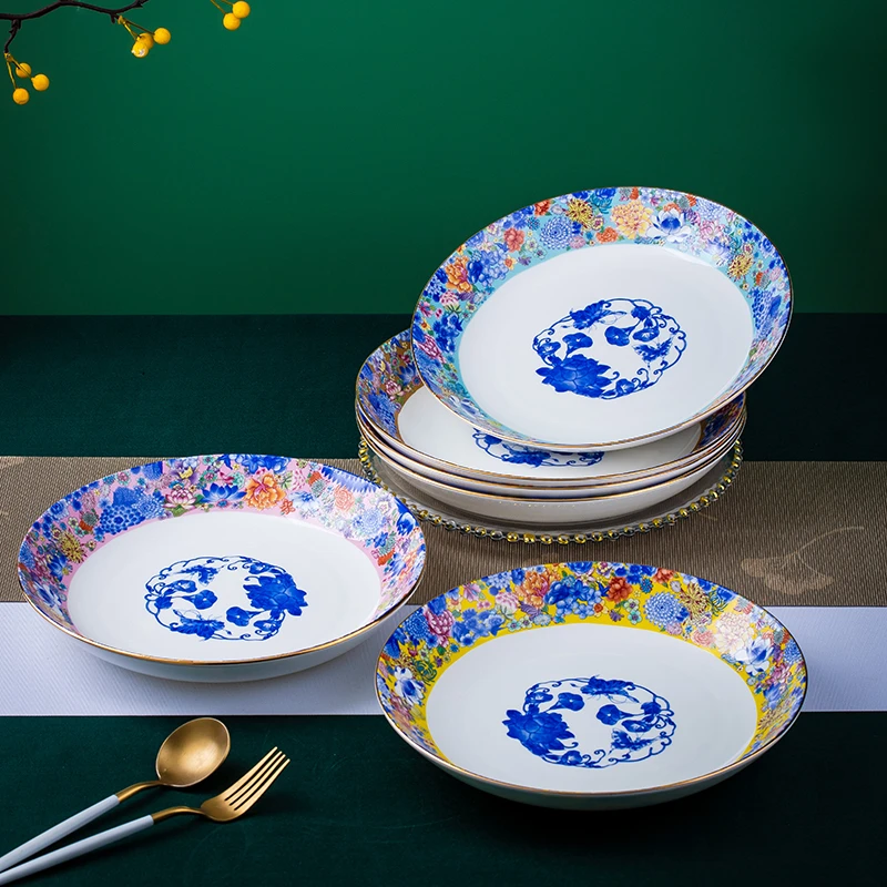 【斗彩万花10.5英寸大深盘】景德镇珐琅彩陶瓷盘子家用商用盘碟