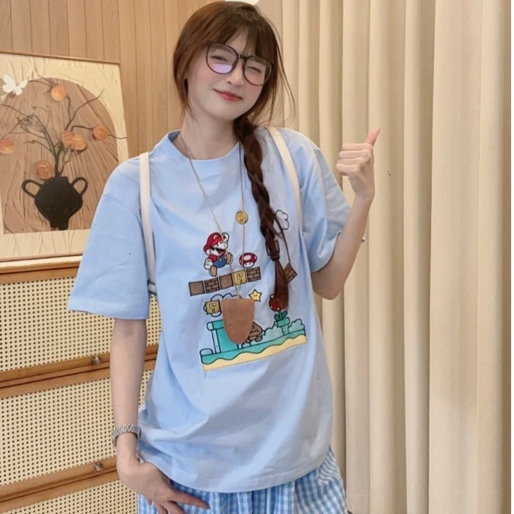 2025新款短袖t恤夏季新款马里奥百搭休闲圆领纯棉半袖上衣MJ0230
