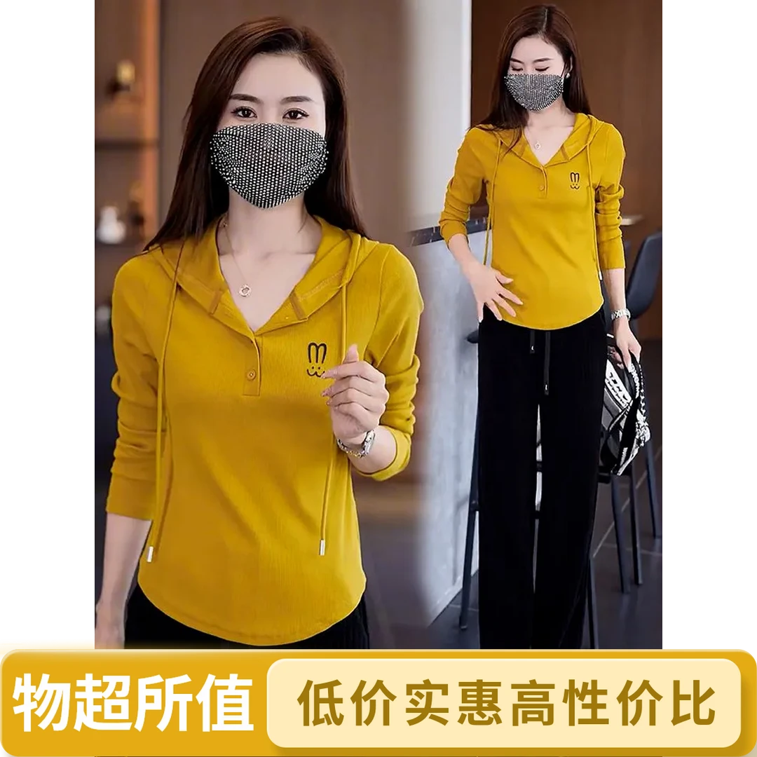 连帽卫衣女士长袖春秋新款薄款套头刺绣百搭大码修身显瘦遮肚上衣