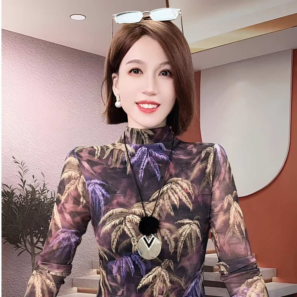 半高领女装新款独特别致秋网纱上衣蓝色长袖T恤时尚洋气显瘦收腰