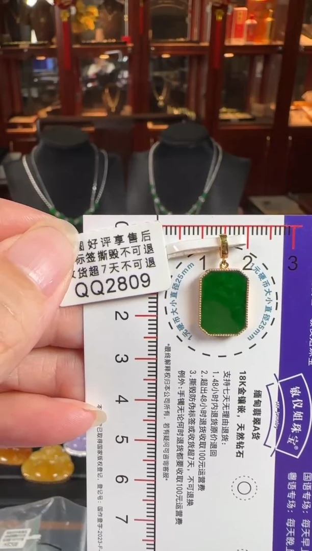 颈饰18K金镶嵌翡翠QQ2809辣绿无事牌