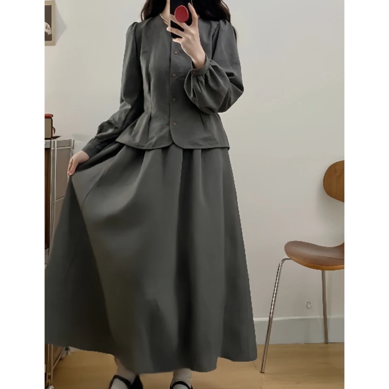 大码新中式搭配早秋法式复古胖mm收腰泡泡袖时尚套装韩系氛围感女