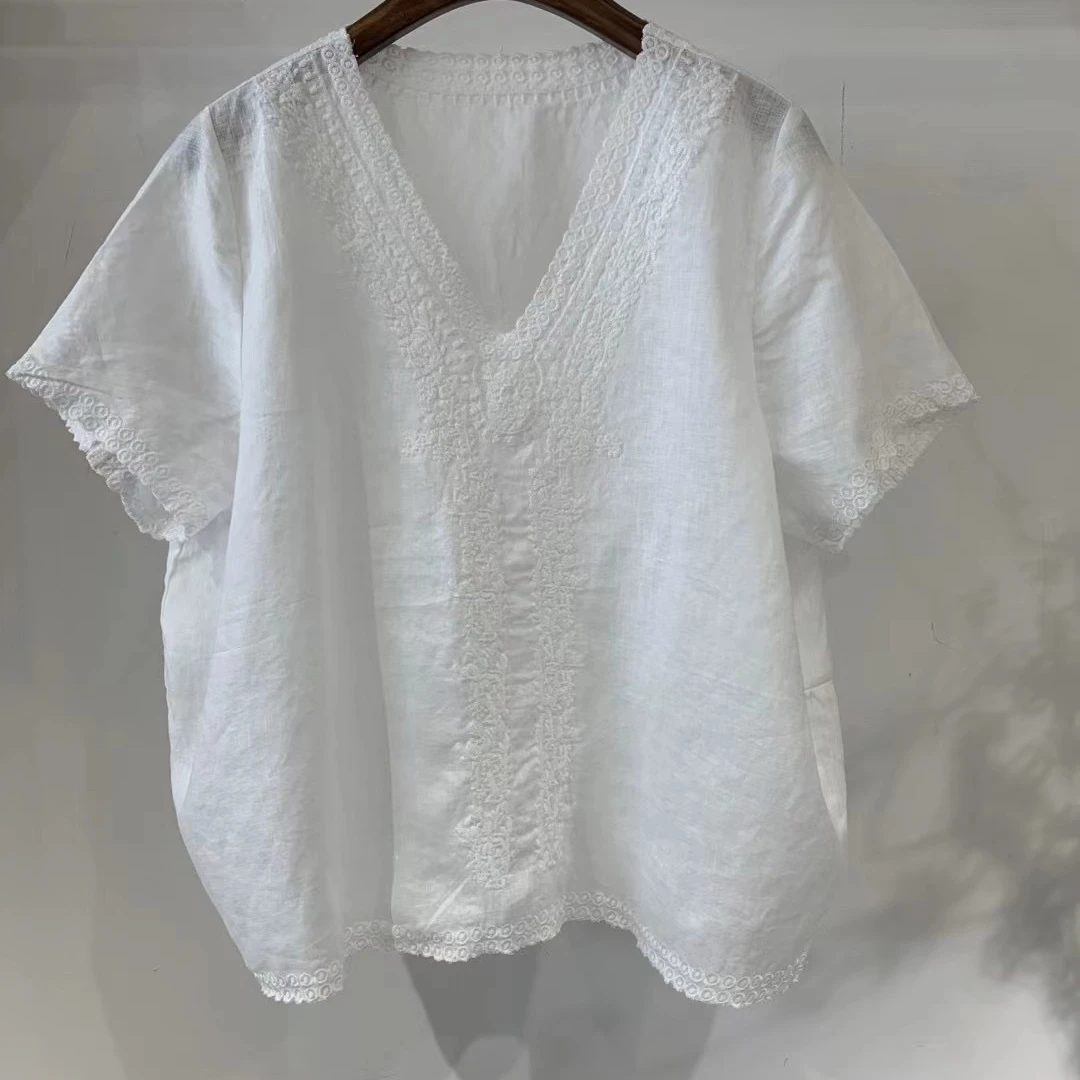 100%麻A826时尚刺绣V领休闲百搭女装上衣2025新