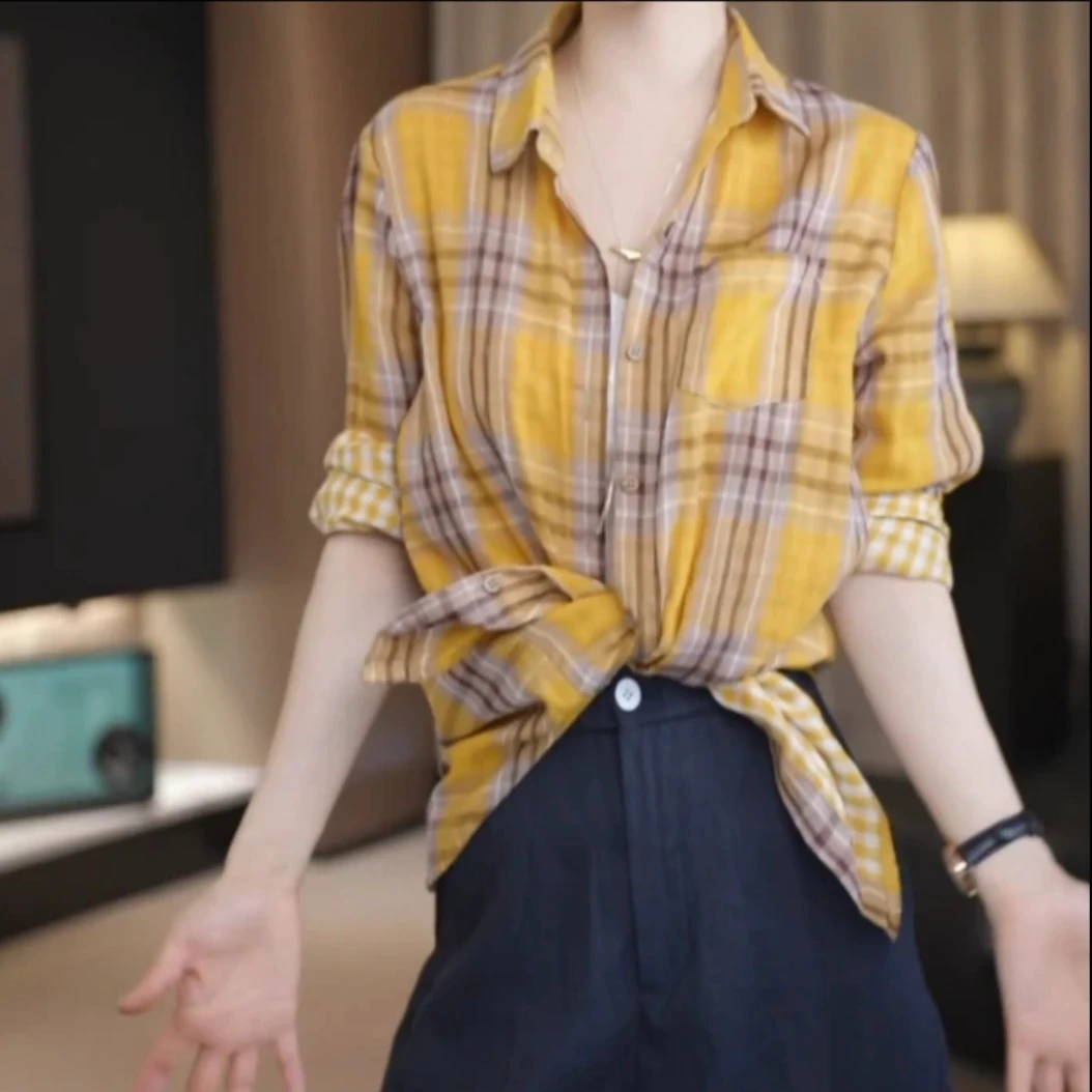 纯棉双面复古格子衬衫2025春季薄款韩版洋气百搭宽松格纹衬衣女