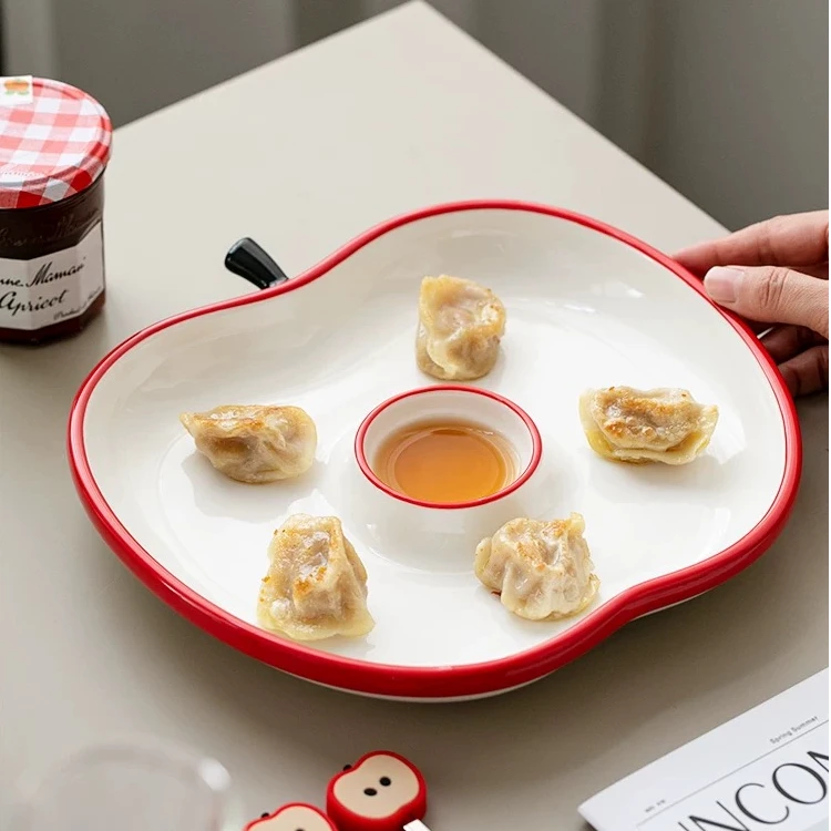 陶瓷盘子冷菜盘创意饺子盘带醋碟子母盘白灼虾盘带蘸料碟儿童餐盘